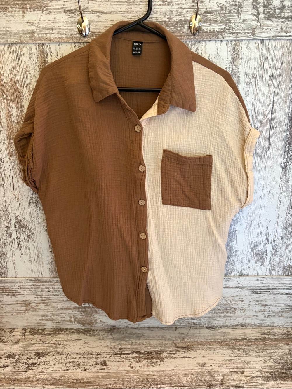 SHEIN Brown and Cream Colorblock Short-Sleeve Button-Down Shirt